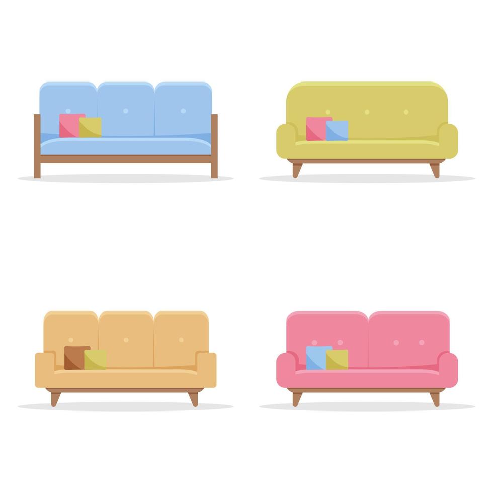 conjunto de sofás confortáveis modernos com almofadas. coleção de sofás elegantes para sala de estar. móveis relaxantes interiores acolhedores. ilustração vetorial isolado colorido em estilo simples. vetor
