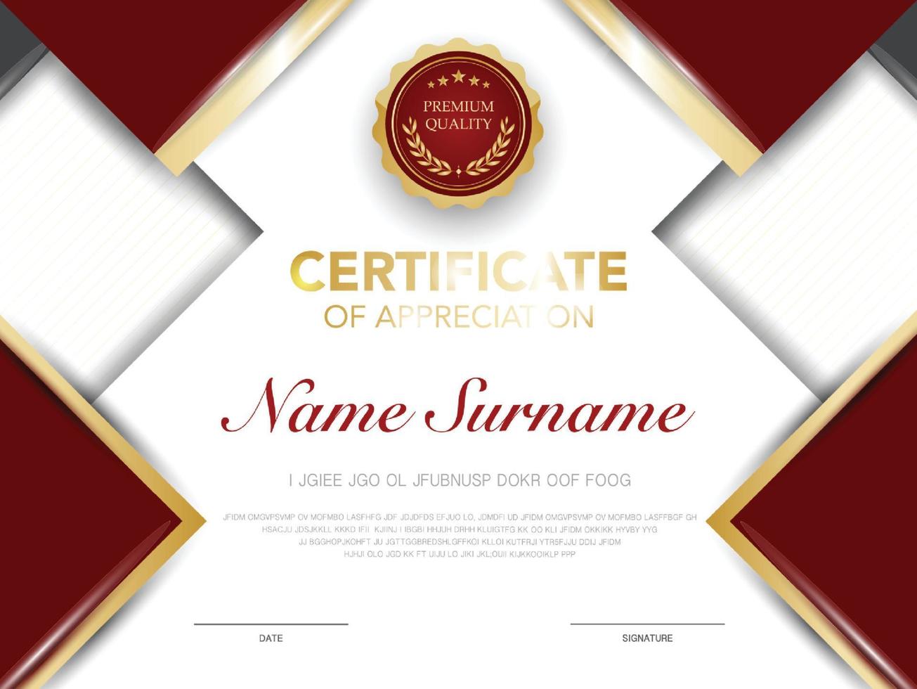 modelo de certificado de diploma cor vermelha e dourada com luxo e estilo moderno imagem vetorial vetor