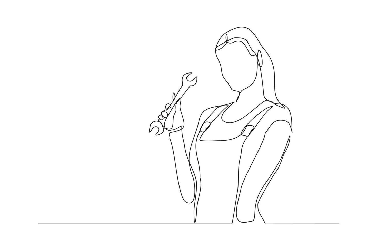 desenho de linha contínua de pose de jovem mecânico feminino segurando o conjunto de chave inglesa. arte de uma linha única do conceito minimalista de profissão de trabalho profissional. ilustração vetorial vetor