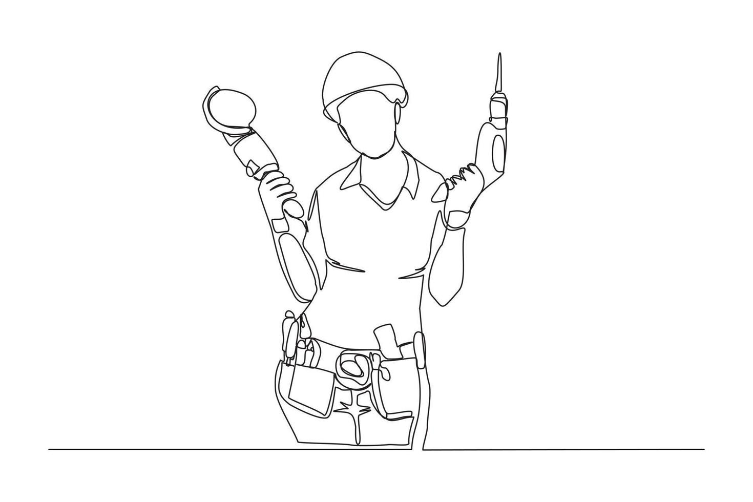 desenho de linha contínua de jovem prático vestindo uniforme enquanto segura a máquina de perfuração. única arte de uma linha do conceito de serviço de manutenção de construção de mulher de reparo. ilustração vetorial vetor