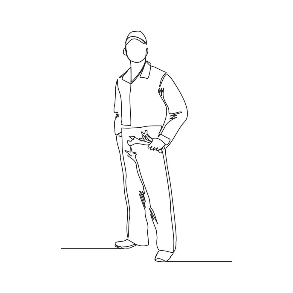 desenho de linha contínua de pose de mecânico masculino jovem segurando o conjunto de chave inglesa. arte de uma linha única do conceito minimalista de profissão de trabalho profissional de homem. ilustração vetorial vetor