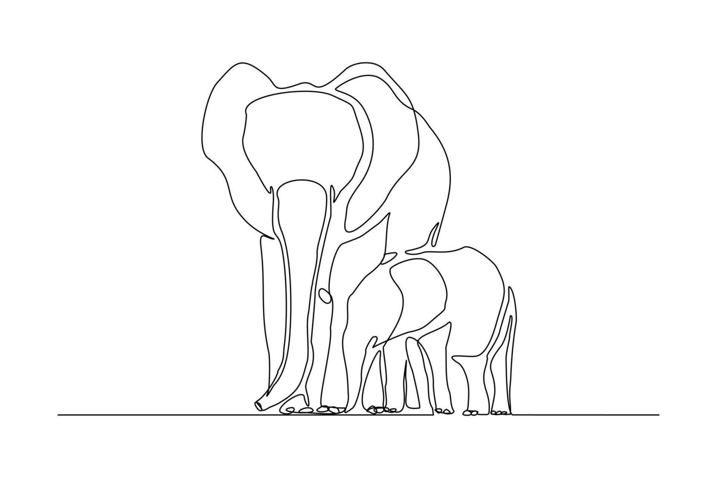 linha contínua de bebê elefante e mãe. única linha arte pai elefante e ilustração vetorial de crianças vetor