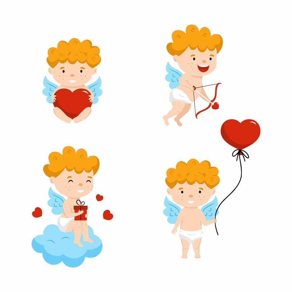 definir ilustrações com querubim. cupido com bola em forma de coração. lindo anjo para dia dos namorados. 14 de fevereiro. vetor