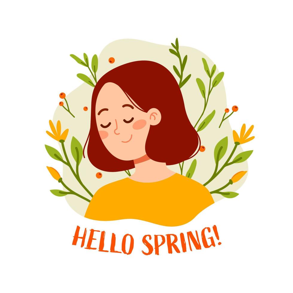 Olá Primavera. ilustração vetorial de mulher com flores vetor