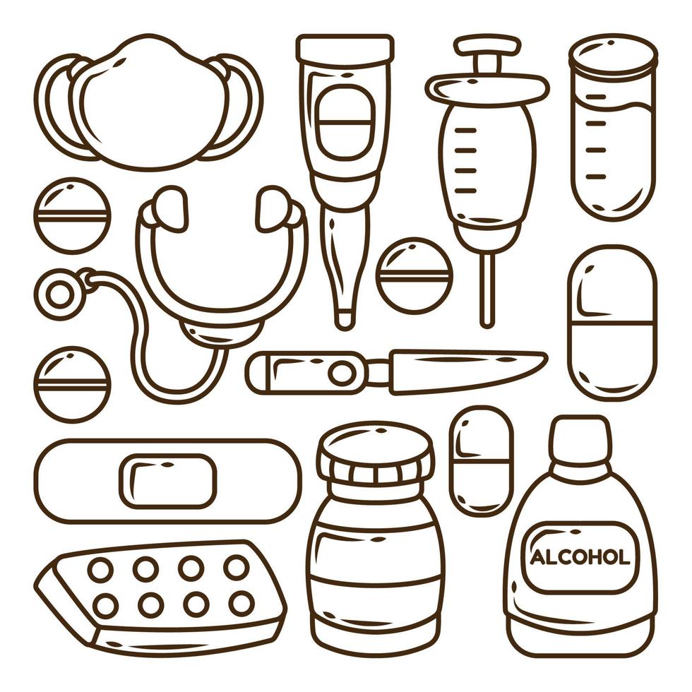 Acessórios médicos bonitos ferramentas médicas diferentes medicamentos de  desenhos animados frasco de mistura atadura e gesso kit de primeiros  socorros termômetro e seringa frasco de comprimidos conjunto de objetos de  farmácia vetorial