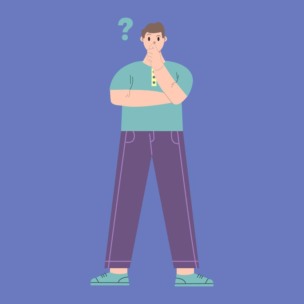 gráfico de ilustração vetorial de personagem de desenho animado de homem com pose confusa em design plano. conceito de negócios. fundo azul. perfeito para promoção de negócios, gestão, marketing. vetor