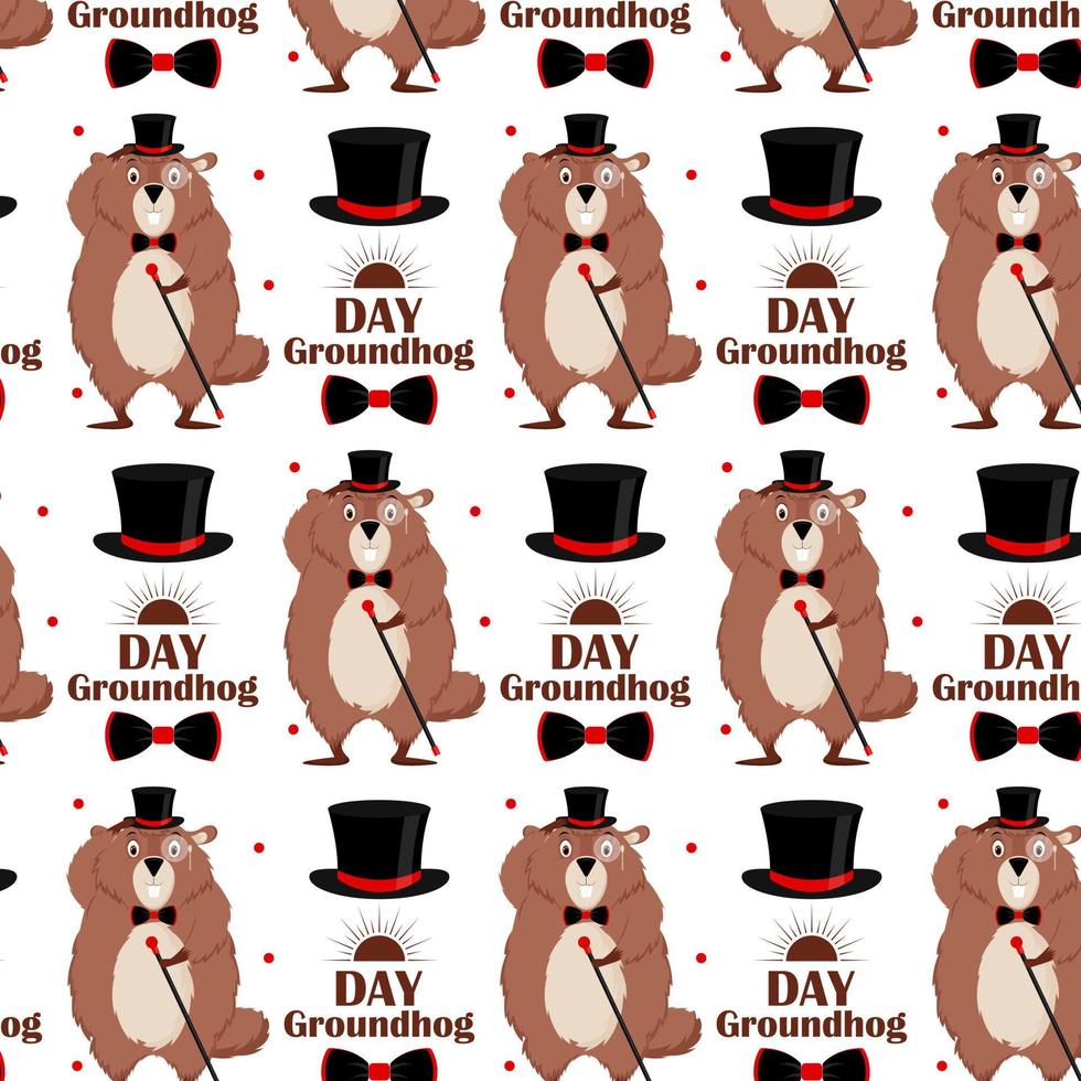 feliz dia da marmota. padrão de uma marmota em um smoking, cartola, gravata borboleta, com uma bengala na mão em uma ilustração de background.vector branco. vetor
