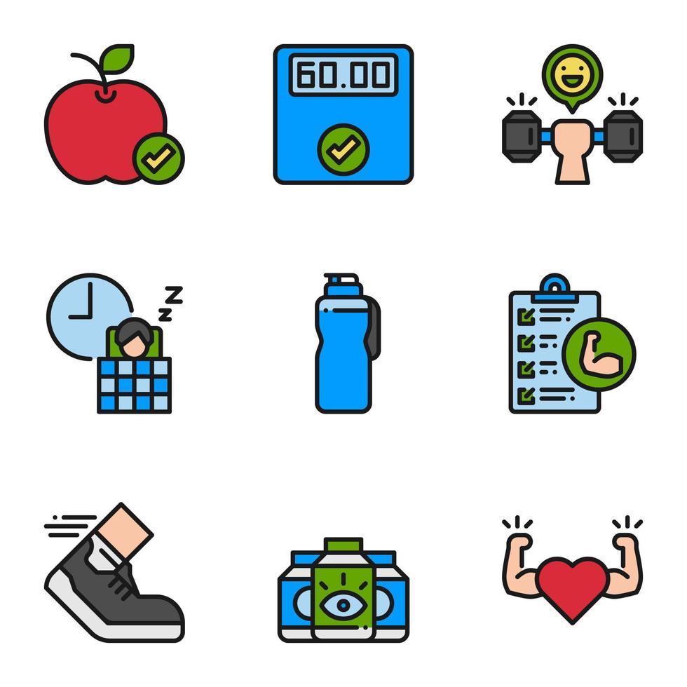 fitness e conjunto de ícones de contorno preenchido saudável. vetor