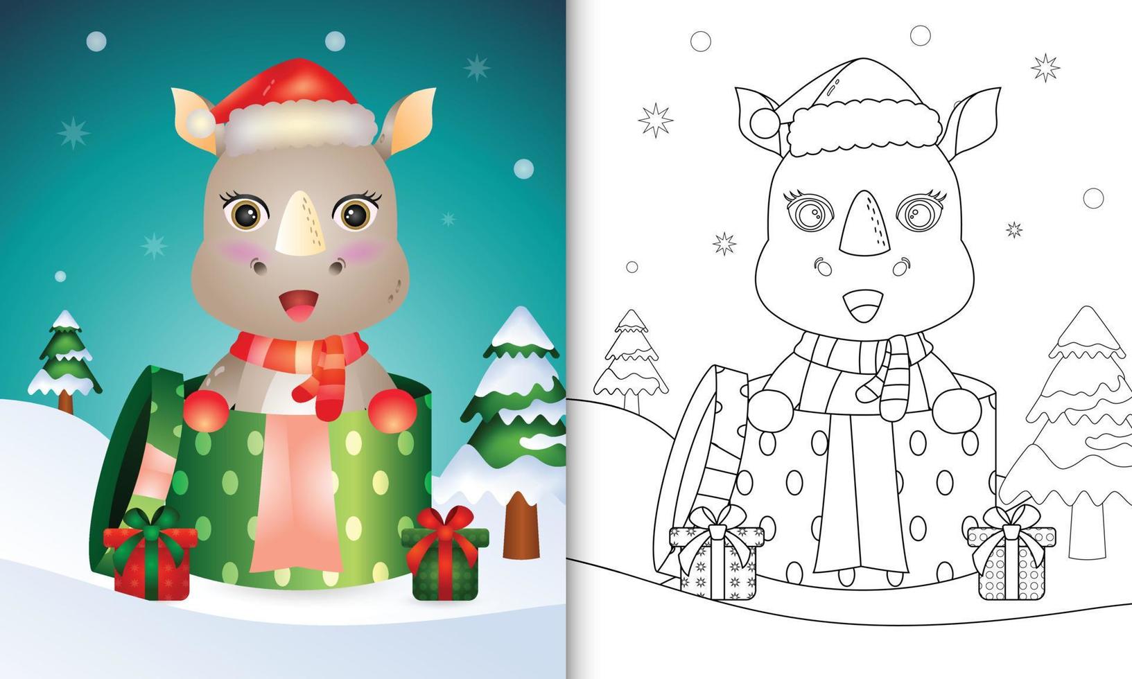 livro de colorir com um rinoceronte fofo personagens de natal usando chapéu de papai noel e cachecol na caixa de presente vetor