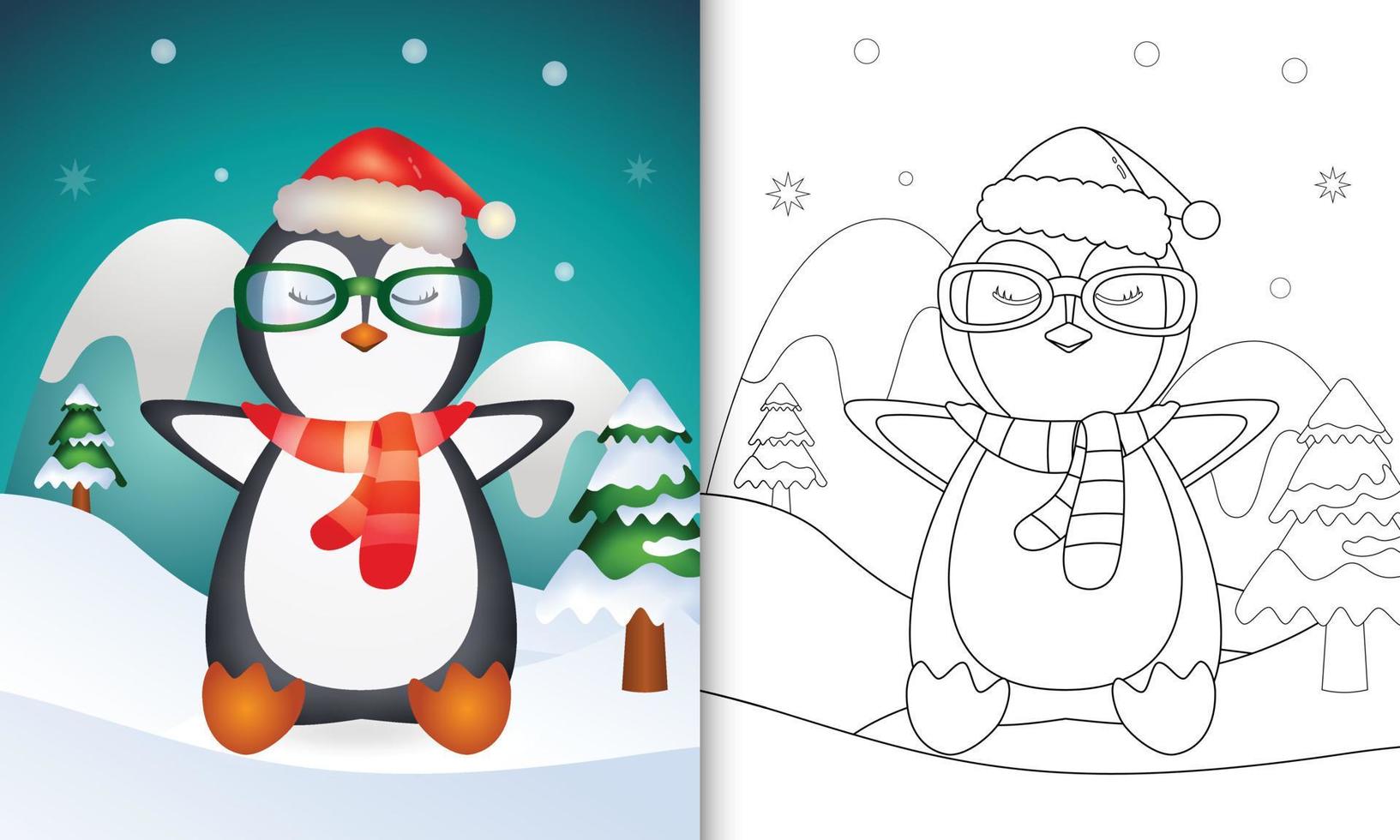 livro de colorir com um pinguim fofo personagens de natal com um chapéu de papai noel e cachecol vetor