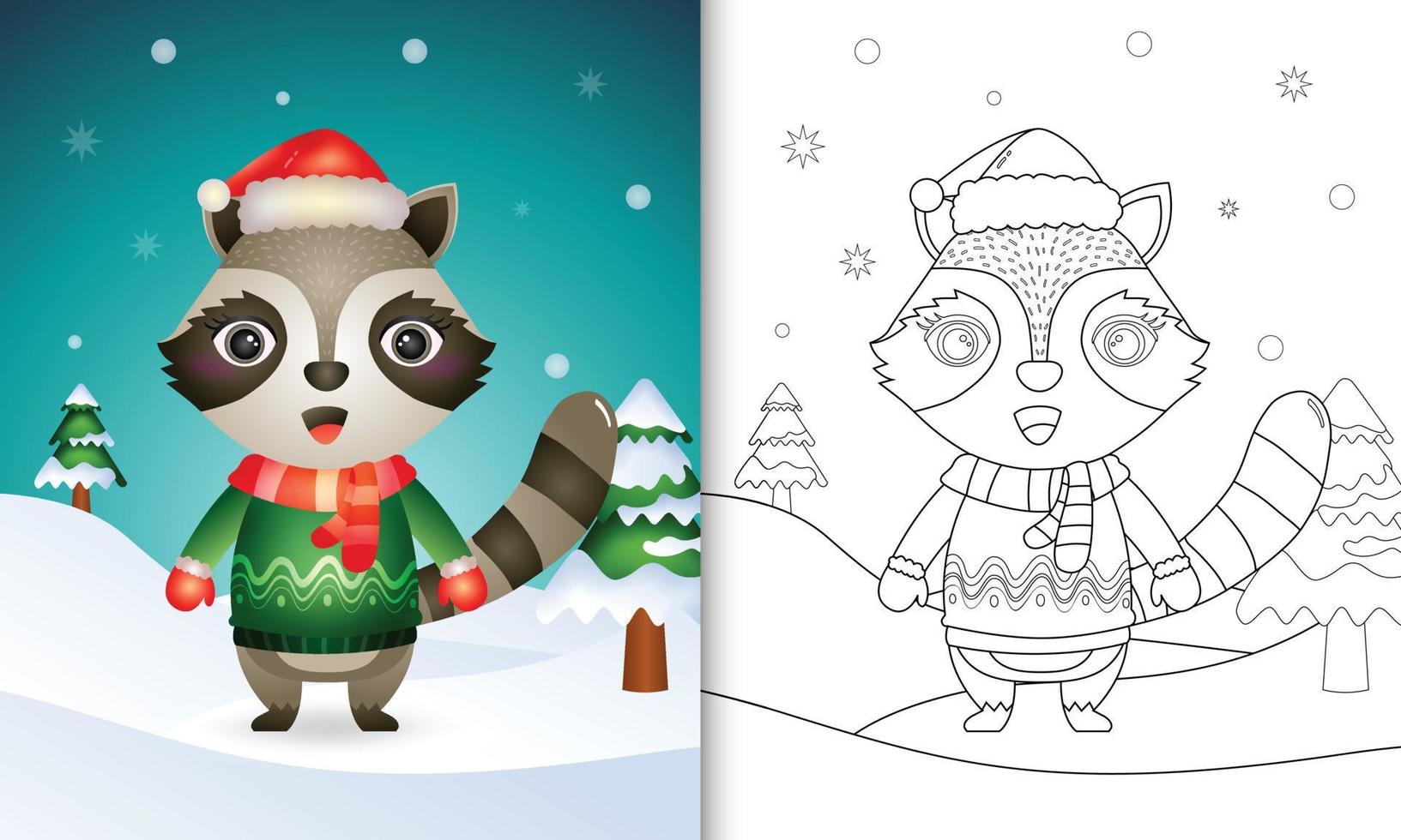 livro de colorir com um guaxinim fofo personagens de natal com um chapéu de papai noel, jaqueta e cachecol vetor