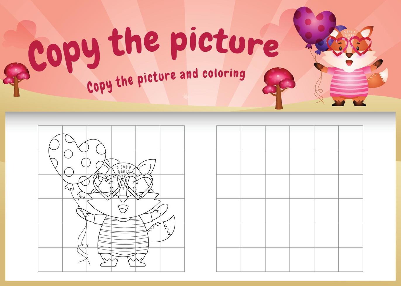 copie a imagem do jogo infantil e a página para colorir com uma raposa fofa usando fantasia de dia dos namorados vetor