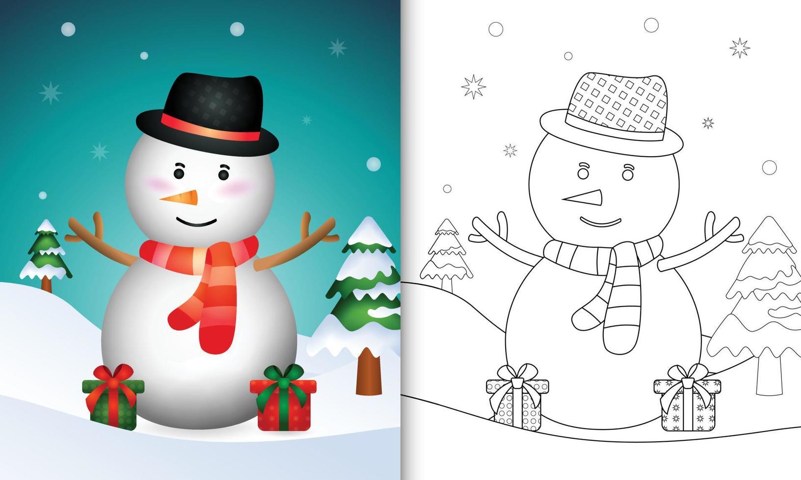 livro para colorir com um boneco de neve fofo personagens de natal com um chapéu e cachecol vetor