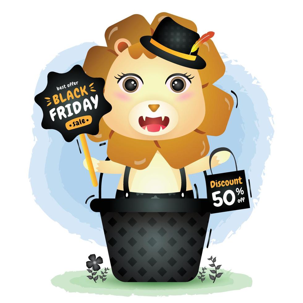 venda de sexta-feira negra com um leão fofo na cesta mantenha promoção de placa e ilustração de sacola de compras vetor