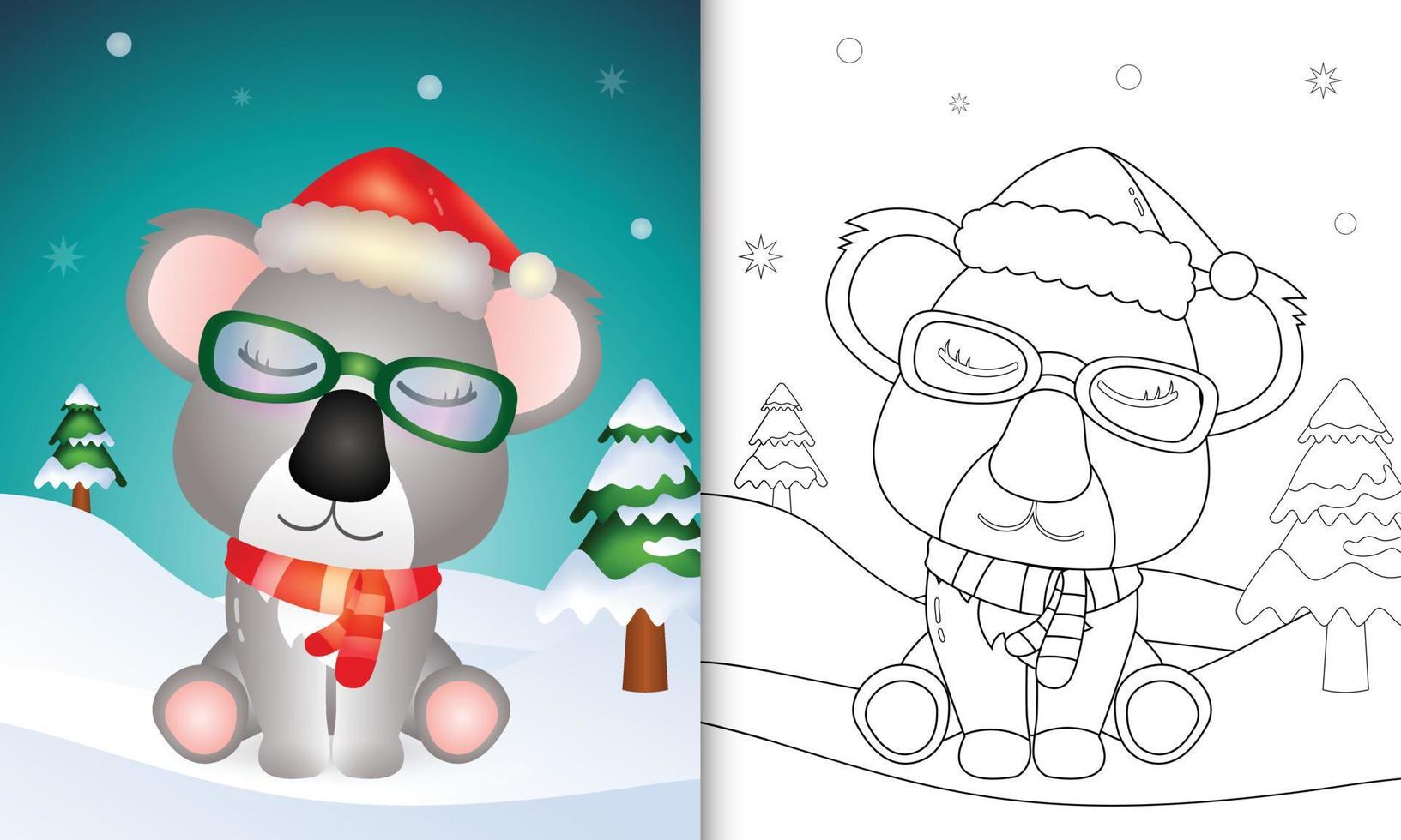livro de colorir com personagens de natal de coala fofo usando chapéu de papai noel e cachecol vetor