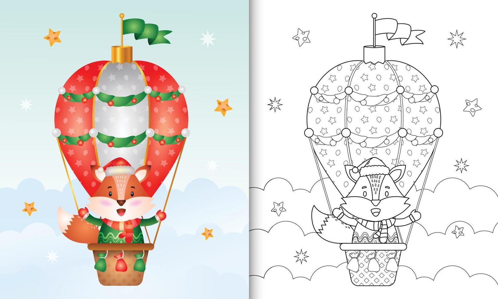livro de colorir com personagens de natal de uma raposa fofa em balão de ar quente com um chapéu de papai noel, jaqueta e cachecol vetor