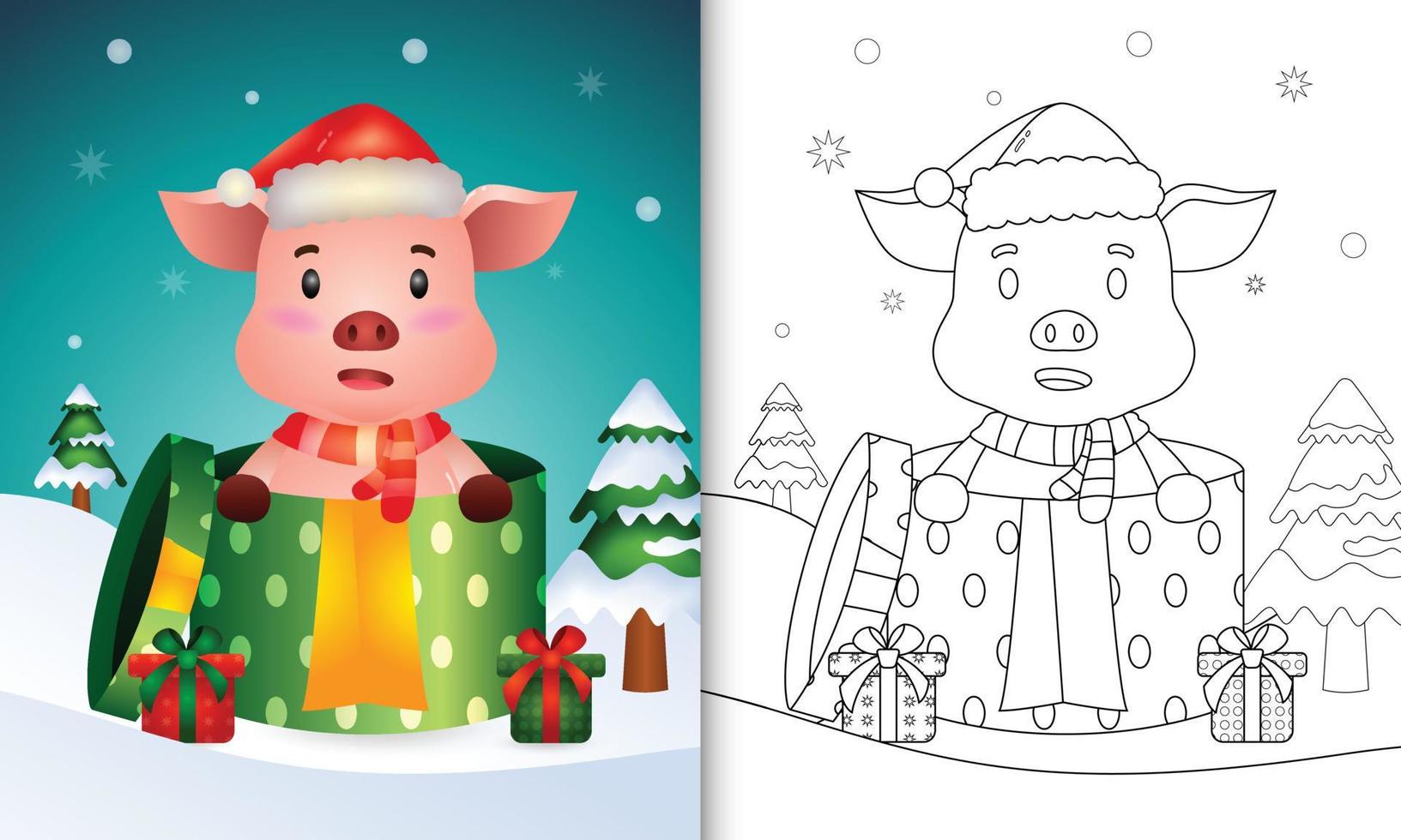 livro de colorir com personagens de natal de porco fofo usando chapéu de papai noel e cachecol na caixa de presente vetor