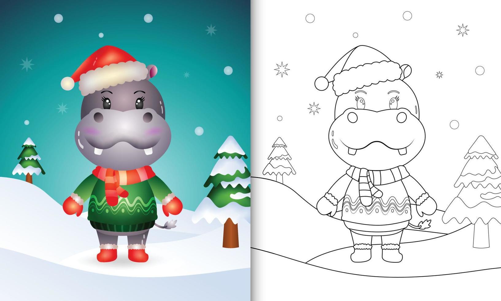 livro de colorir com personagens de natal de um hipopótamo fofo com um chapéu de papai noel, jaqueta e cachecol vetor