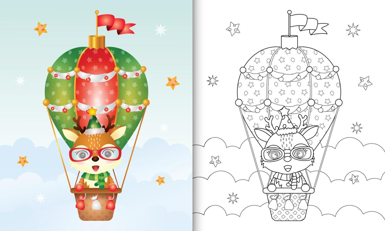 livro de colorir com personagens de natal de um veado fofo em balão de ar quente com chapéu e cachecol vetor