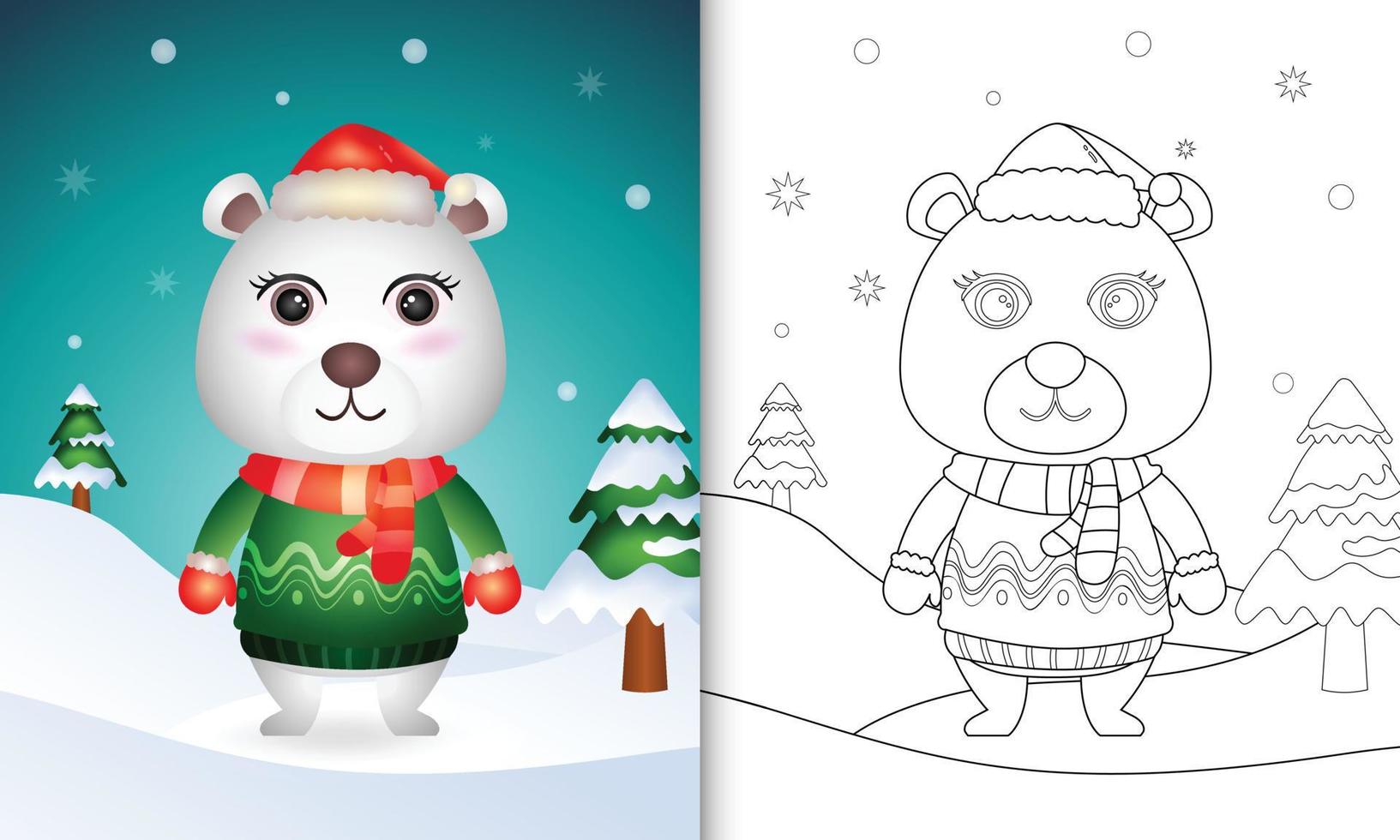 livro de colorir com um urso polar fofo personagens de natal com um chapéu de papai noel, jaqueta e cachecol vetor