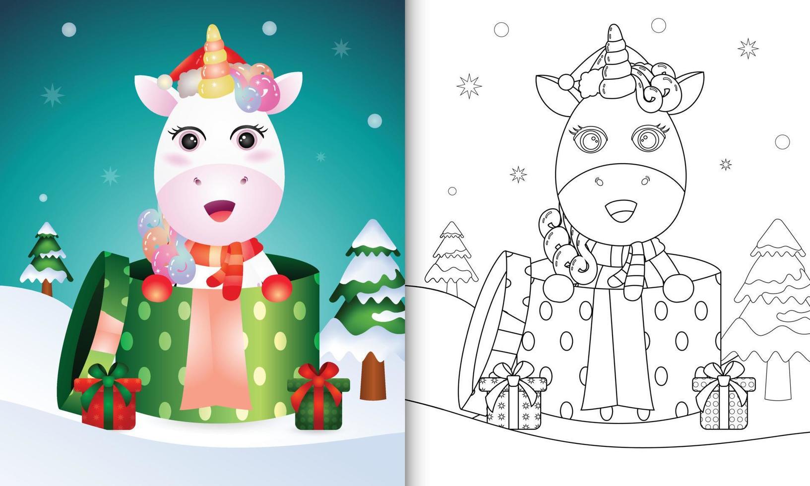 livro de colorir com personagens de natal de unicórnio fofo usando chapéu de papai noel e cachecol na caixa de presente vetor