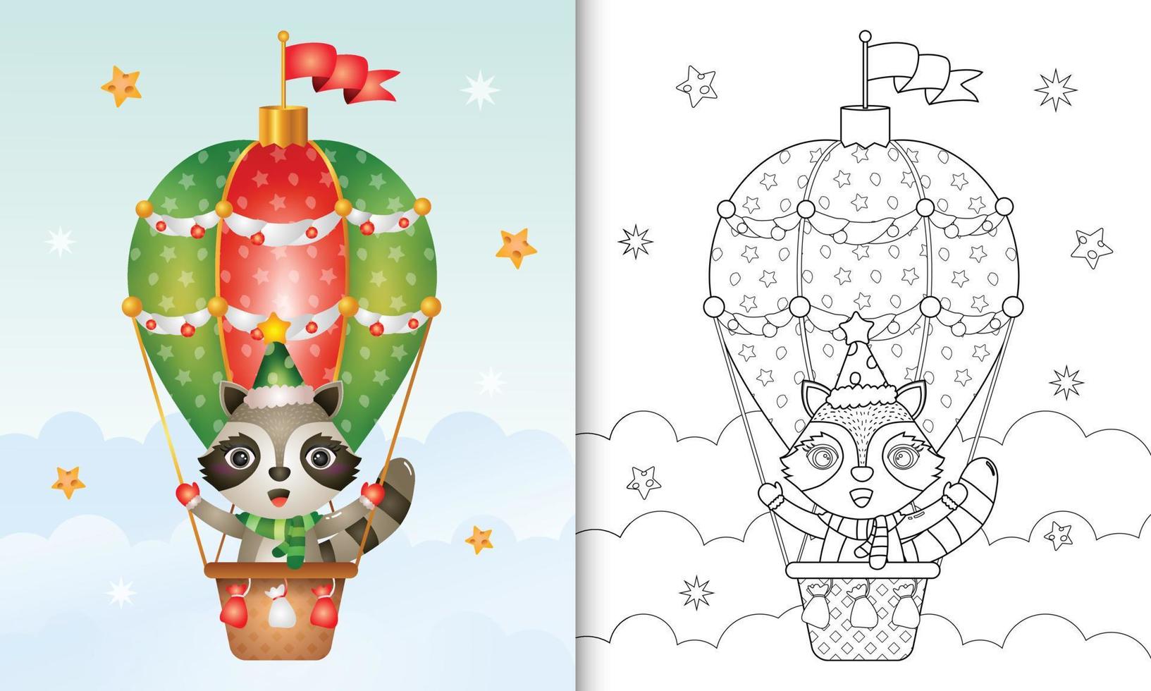 livro de colorir com um guaxinim bonito personagens de natal em balão de ar quente com chapéu e cachecol vetor