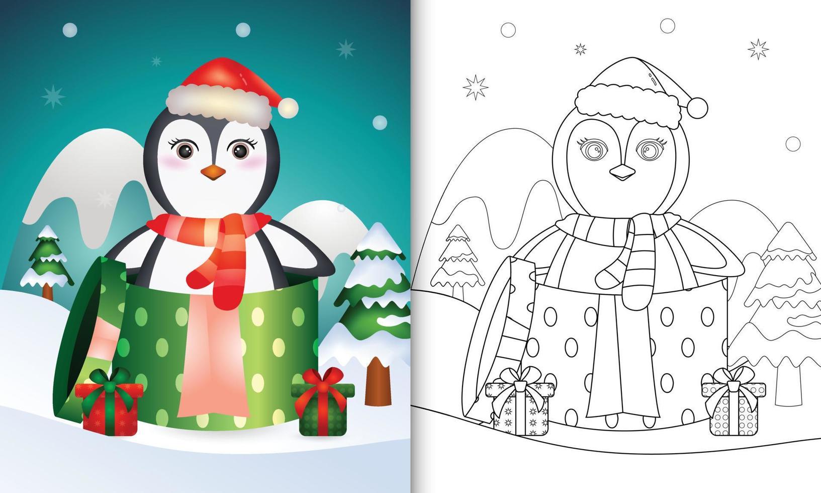 livro de colorir com personagens de natal de pinguim fofo usando chapéu de papai noel e cachecol na caixa de presente vetor