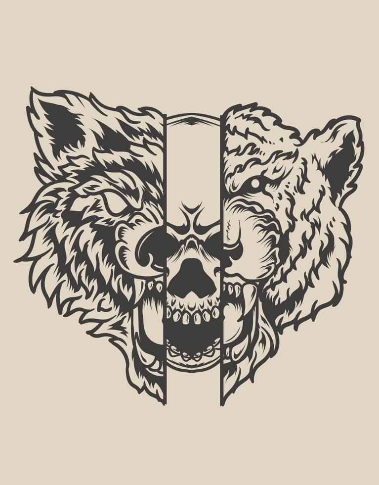 cabeça de caveira de lobo ilustração com estilo monocromático vetor