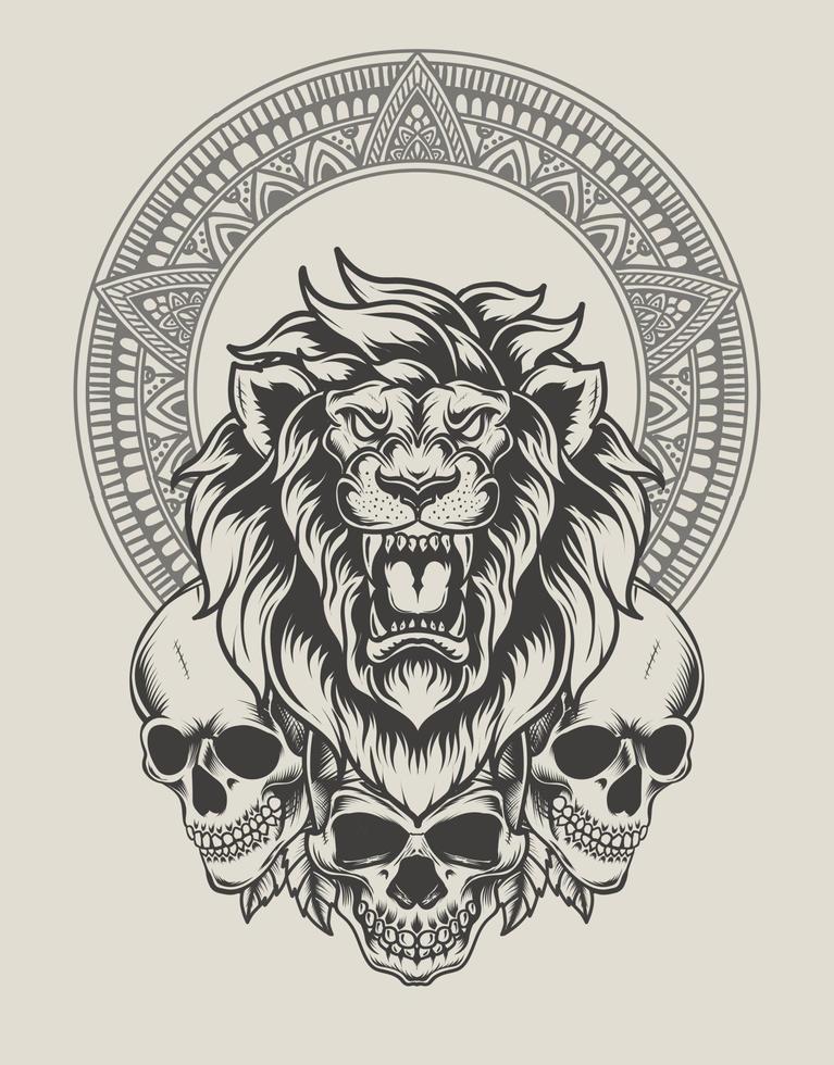 cabeça de leão de ilustração com estilo monocromático de caveira vetor