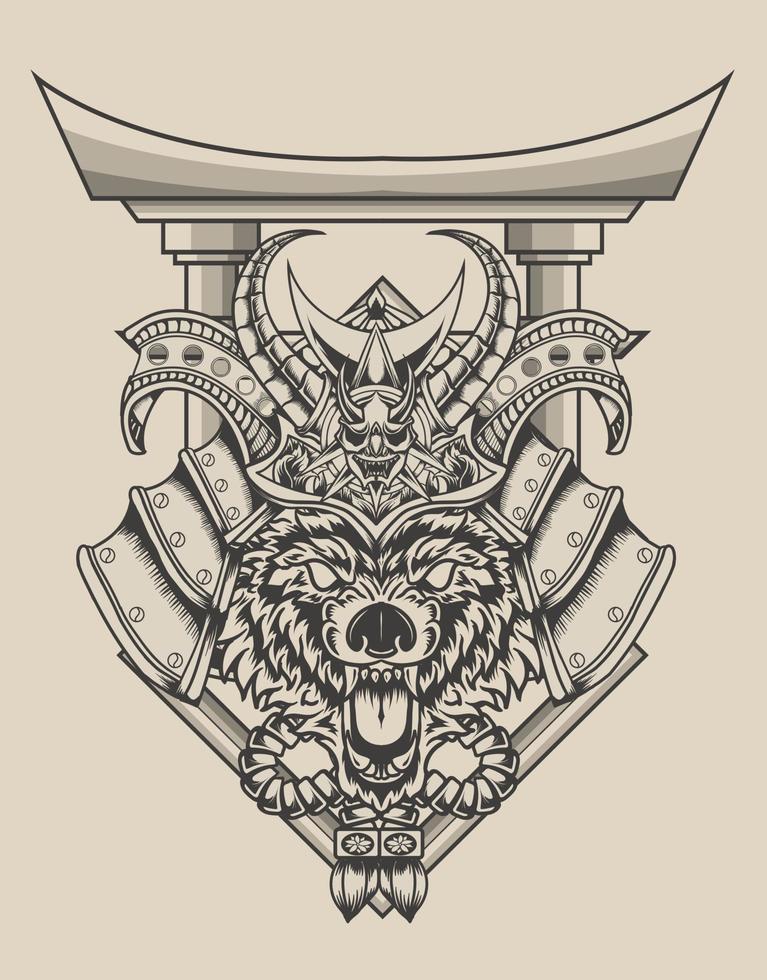 cabeça de samurai de lobo ilustração com estilo monocromático vetor