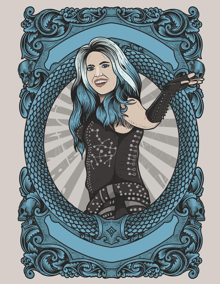 ilustração menina rockstar com moldura de ornamento de gravura vetor