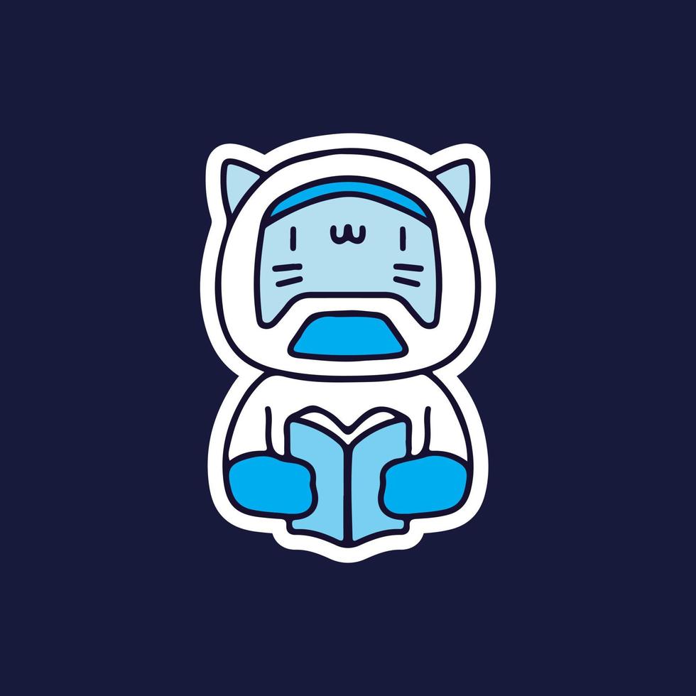 printcute cat em traje de astronauta lendo um doodle de desenho animado de livro. ilustração para camiseta, pôster, logotipo, adesivo ou mercadoria de vestuário. vetor