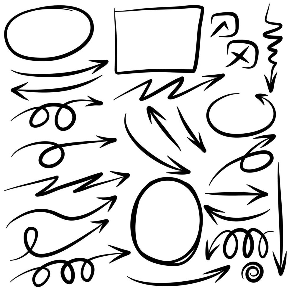 elemento de design doodle. doodle linhas, setas, círculos e curvas vetoriais. elementos de design desenhados à mão isolados no fundo branco para infográfico. vetor