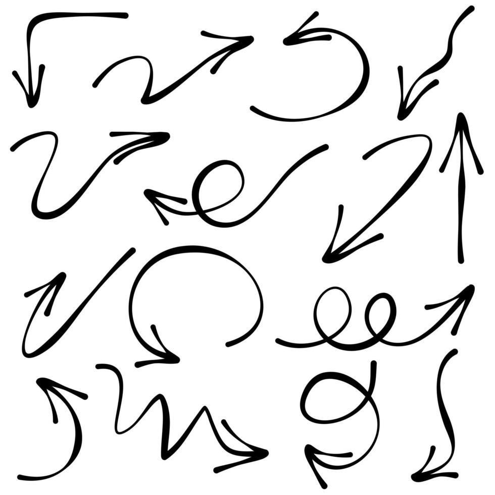 mão desenhada seta ícone conjunto isolado no fundo branco. ilustração em vetor doodle.