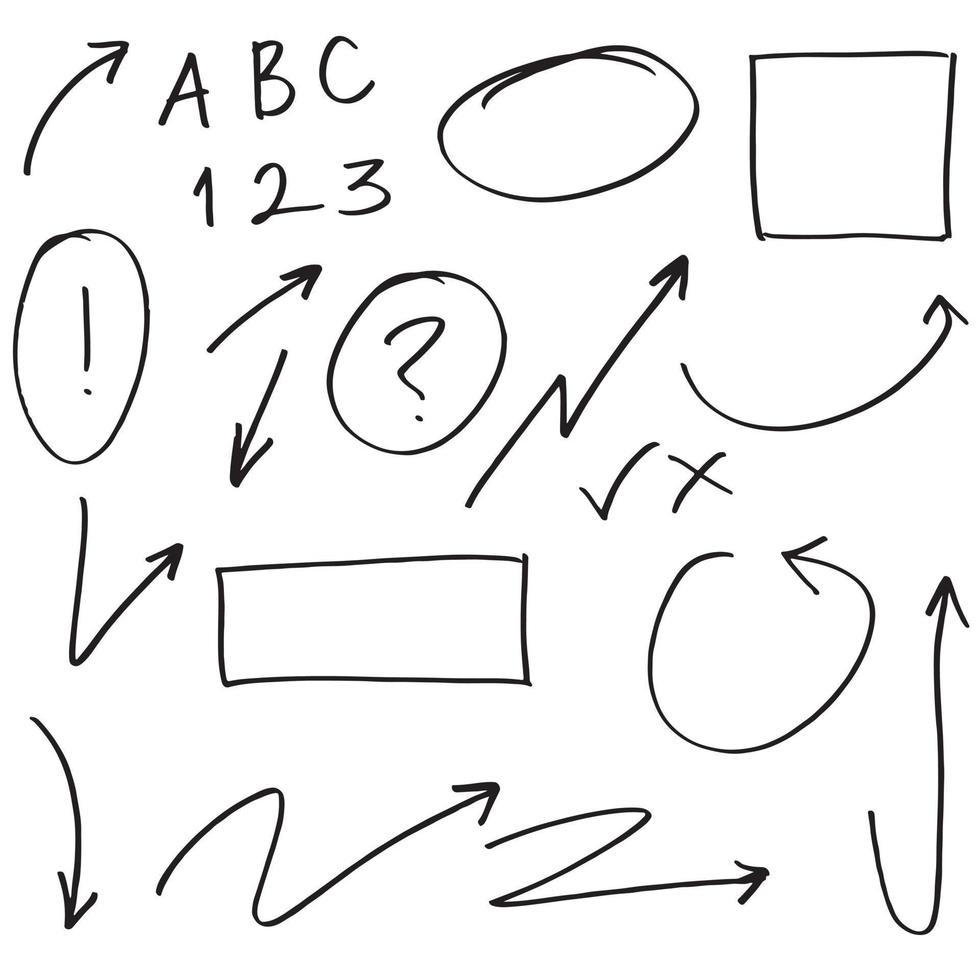 mão desenhada seta ícone conjunto isolado no fundo branco. ilustração em vetor doodle.