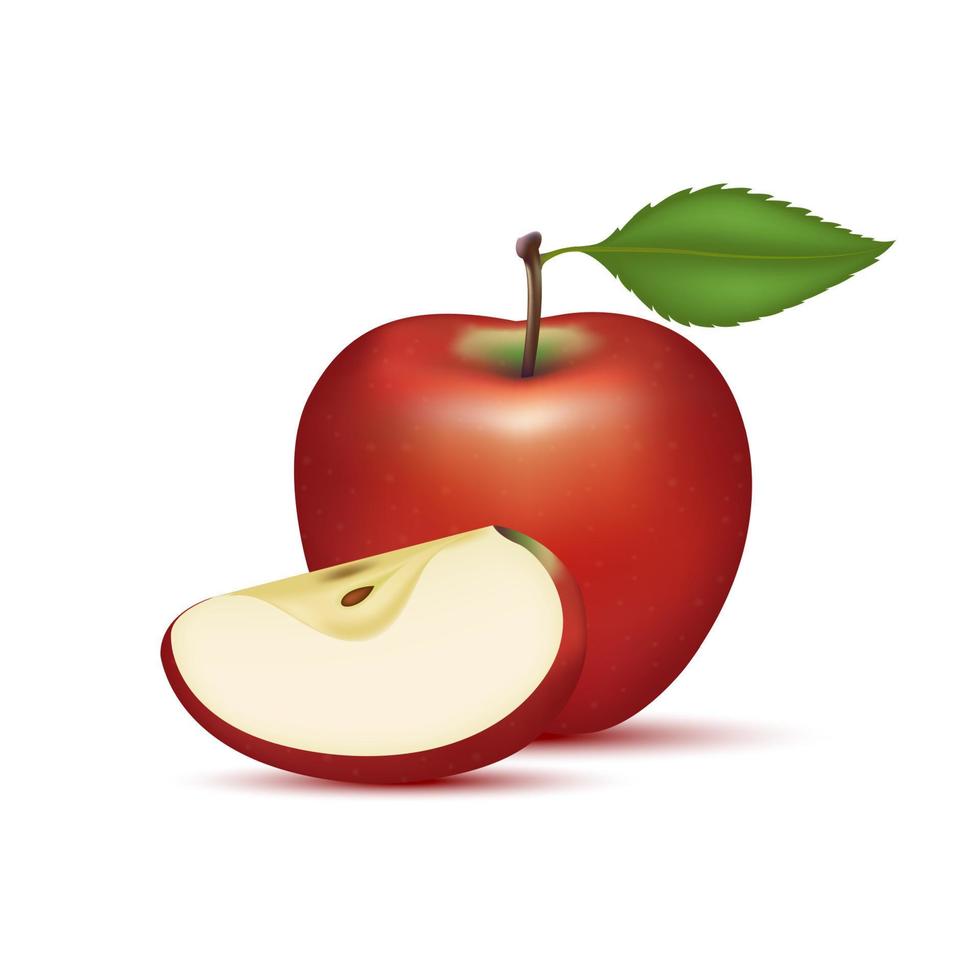 maçã vermelha com fatias de maçã e folhas. vitaminas, frutas de alimentos saudáveis. em um fundo branco. ilustração vetorial 3d realista. vetor