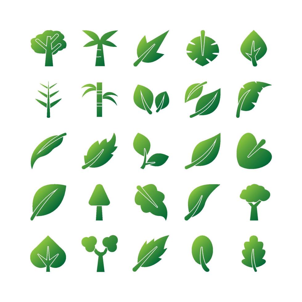 conjunto de ícones de árvores e folhas gradiente vetorial para site, aplicativo móvel, apresentação, mídia social. vetor