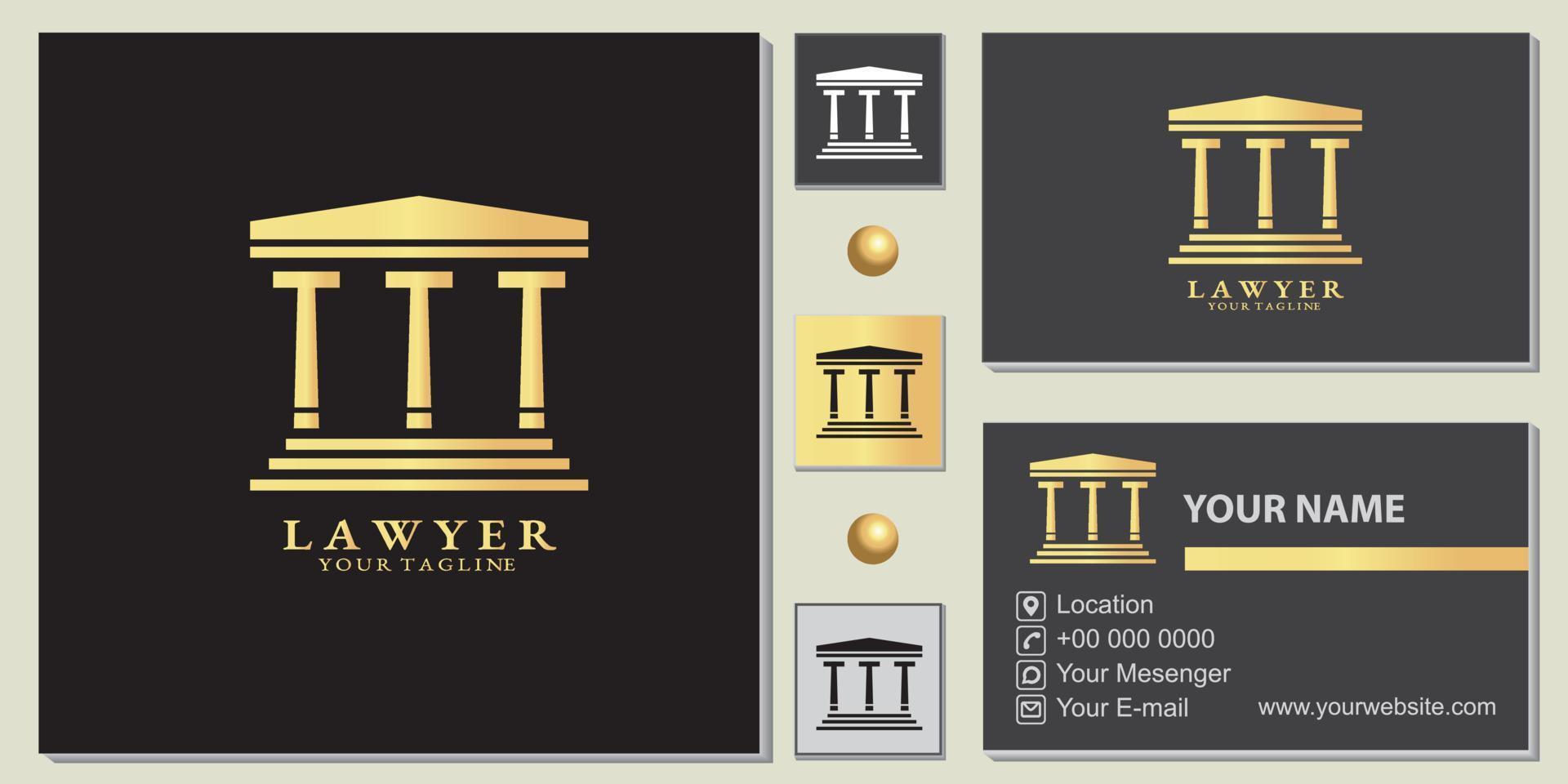 modelo premium de logotipo de pilar de advogado mestre de ouro de luxo com vetor de cartão de visita elegante eps 10