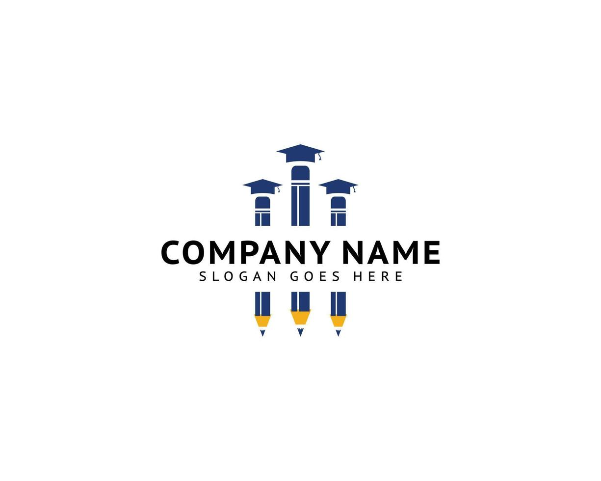 design de logotipo de educação com ícone de lápis e chapéu de formatura vetor