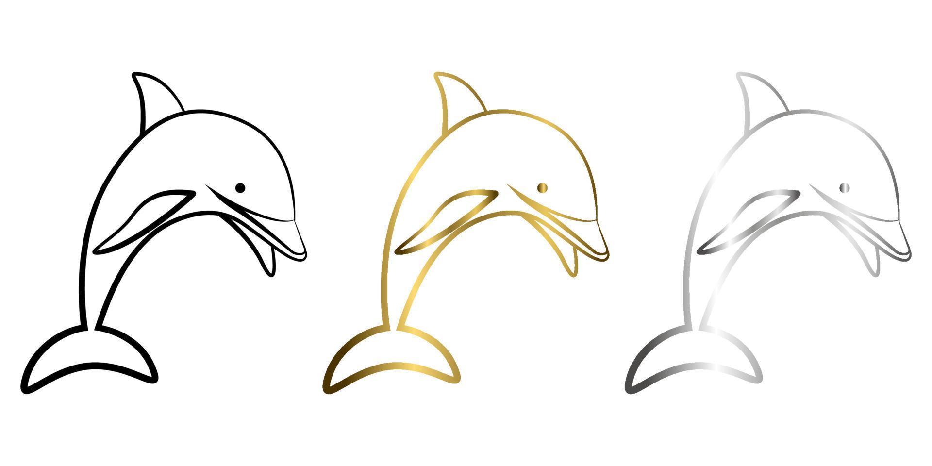 ilustração em vetor de arte de linha de ouro preto e prata de três cores de um golfinho