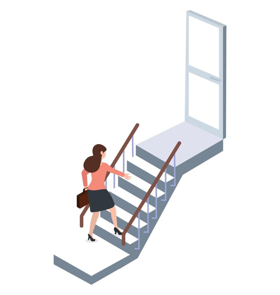 mulher subindo escada para o conceito de porta vetor