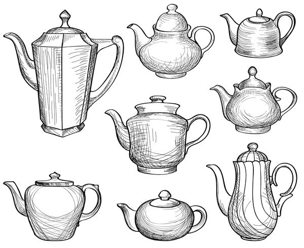 Chaleiras de chá definido. Coleção desenhada de bules. Esboço de pote de café. vetor