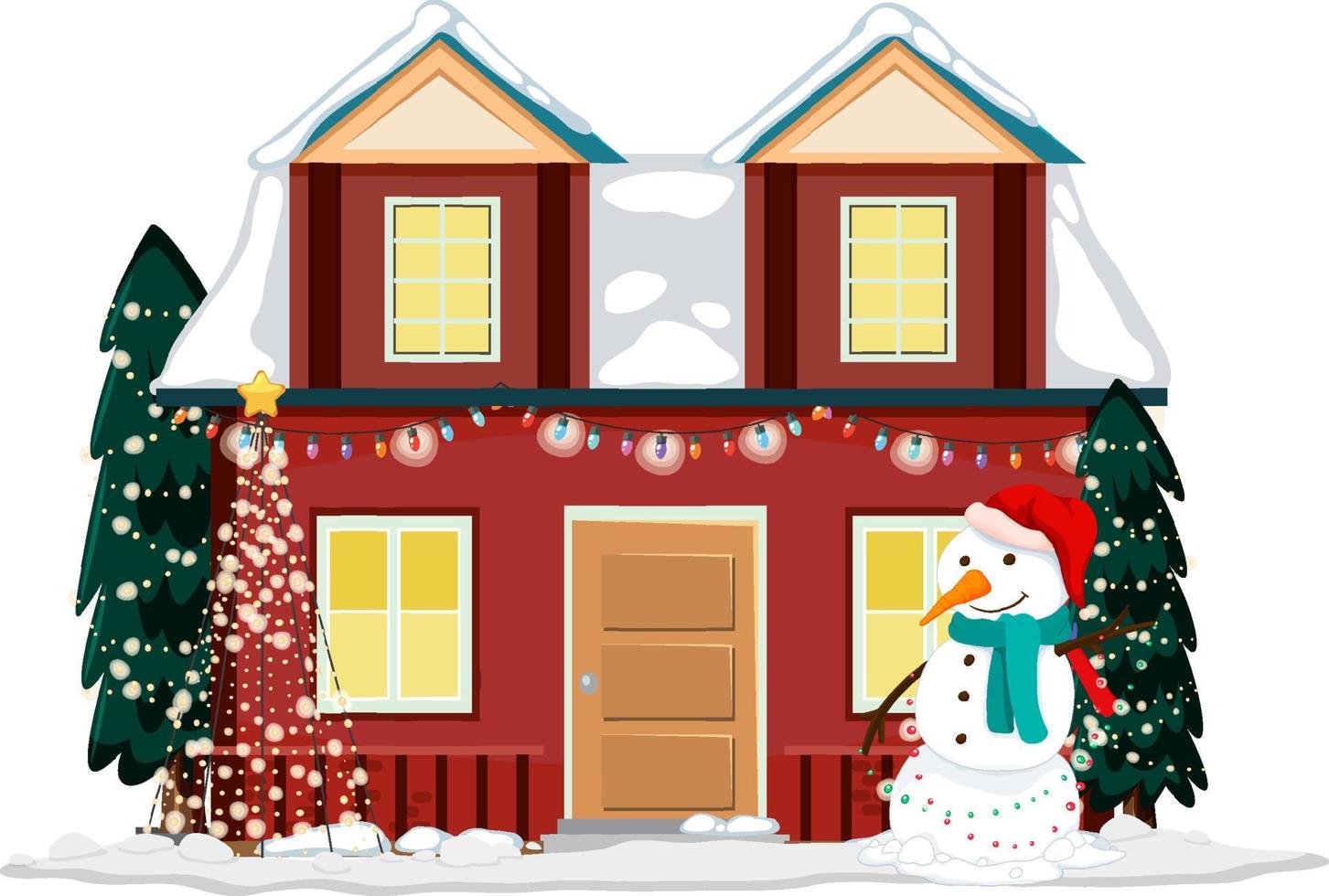casa coberta de neve com corda de luz de natal e boneco de neve vetor