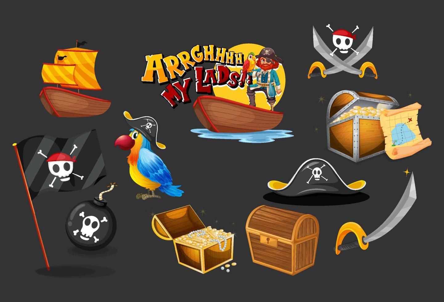 conjunto de personagens e objetos de desenhos animados piratas vetor