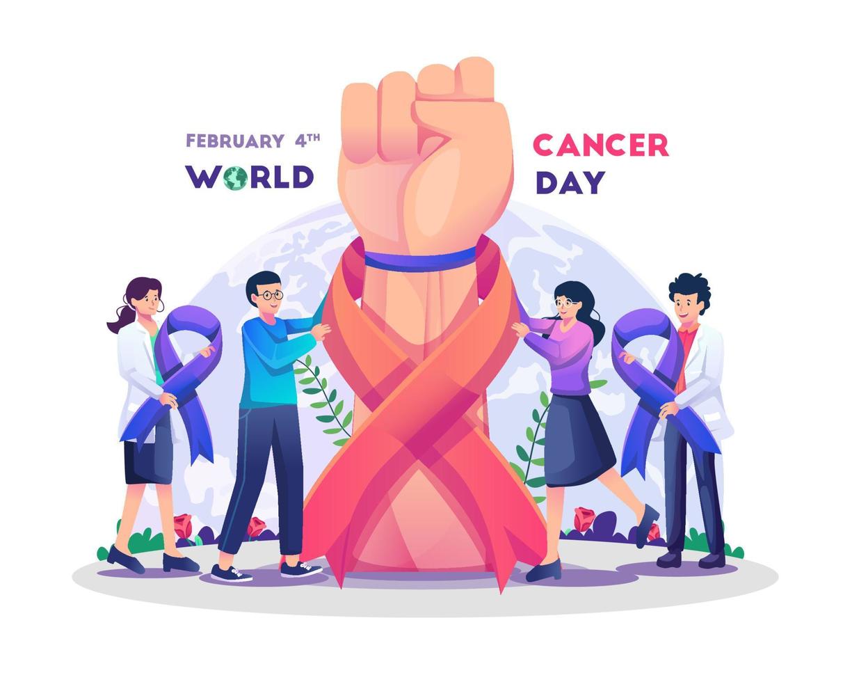 pessoas e médicos estão unidos contra o câncer com uma mão gigante erguida com um punho cerrado e uma fita vermelha no pulso símbolo da conscientização mundial do câncer em ilustração vetorial de estilo simples vetor