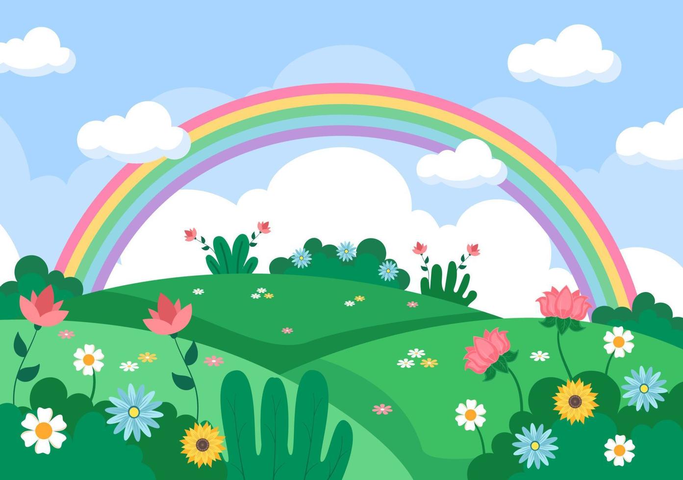 fundo de paisagem de primavera com temporada de flores, arco-íris e planta para promoções, revistas, publicidade ou sites. ilustração vetorial de natureza vetor