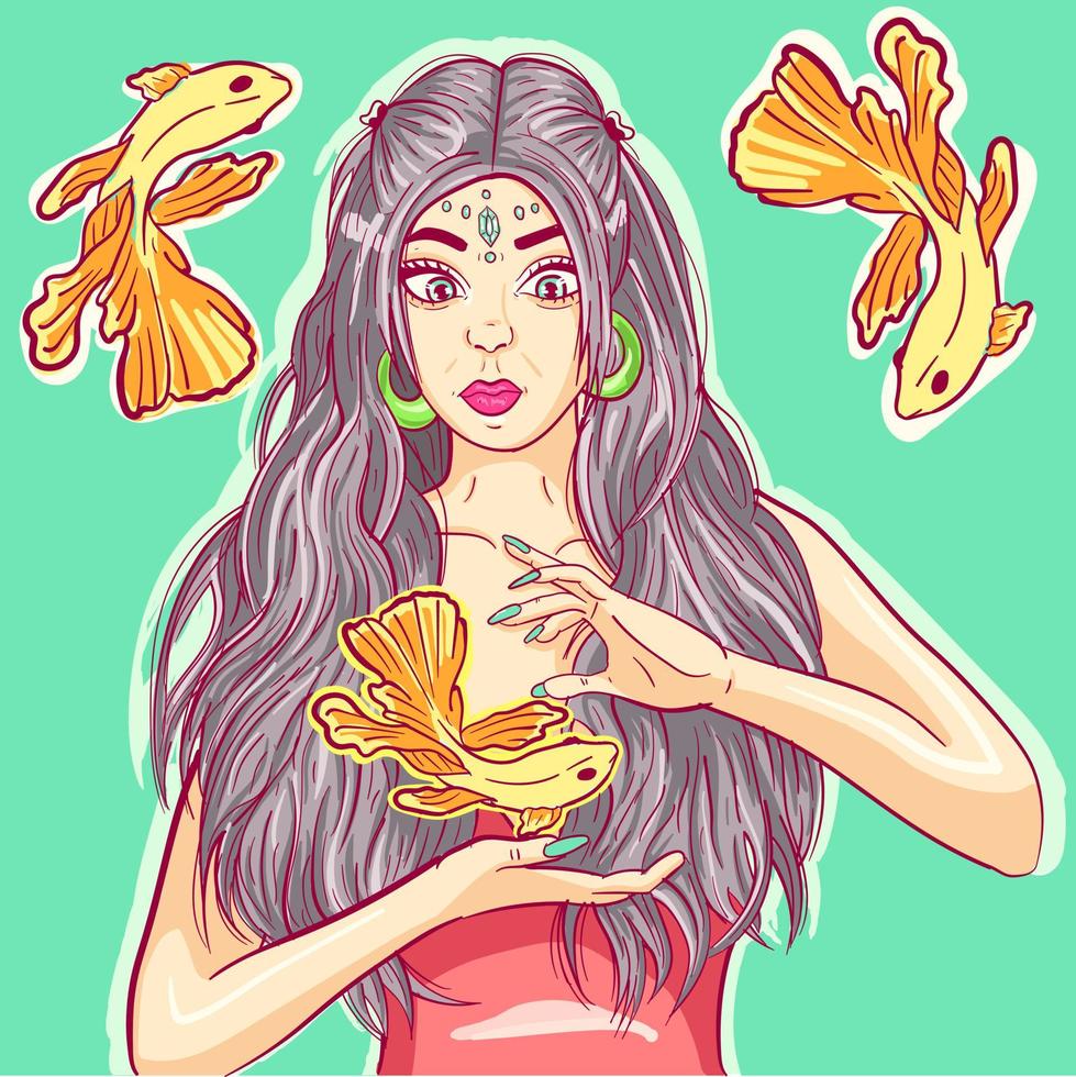 arte conceitual de uma mulher de peixes segurando peixinho mágico nas mãos dela. avatar de um signo de água astrológico com cabelo comprido e cristal na testa. vetor
