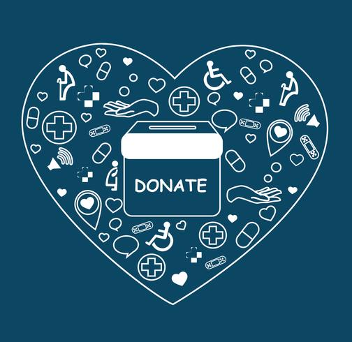 doar, caridade para médicos e saúde em vetor de forma de coração