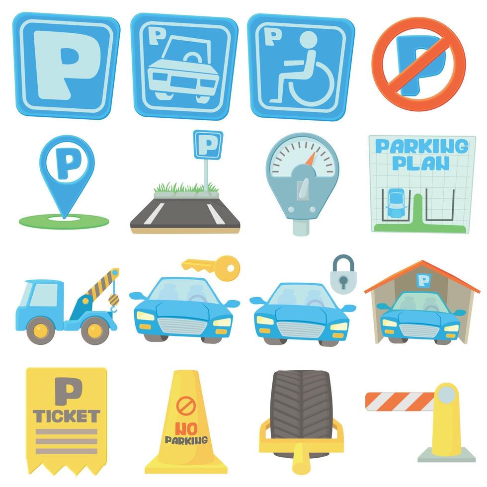 conjunto de ícones de estacionamento, estilo cartoon vetor