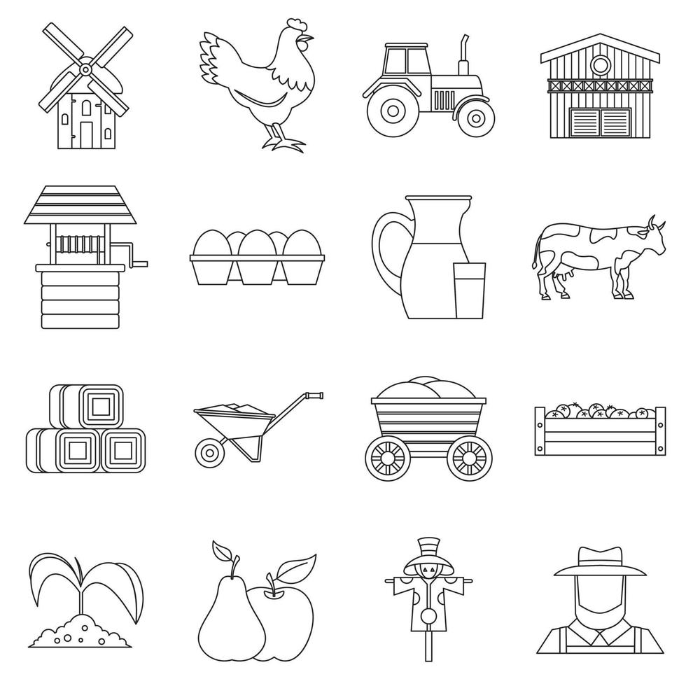 conjunto de ícones de fazenda, estilo de contorno vetor